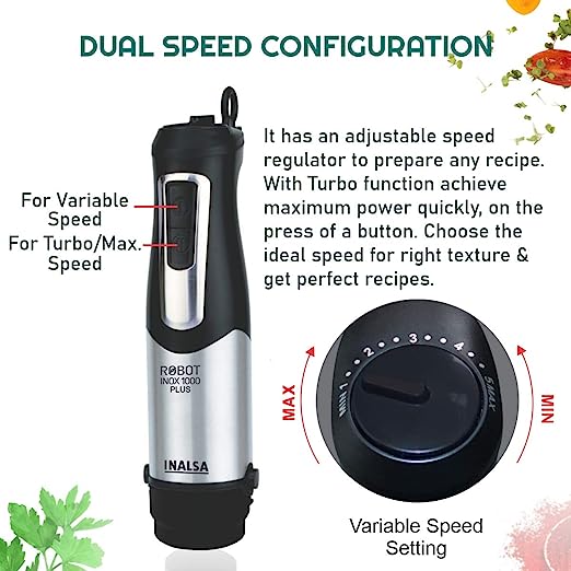 Inalsa Hand Blender Robot INOX 1000 Plus-1000 Watt with Chopper, Whisker, Potato Masher, Multipurpose Jar|Variable Speed |2 Year Warranty,(Silver/Black) Inalsa Hand Blender Robot INOX 1000 Plus-1000 Watt with Chopper, Whisker, Potato Masher, Multipurpose Jar|Variable Speed |2 Year Warranty,(Silver/Black)